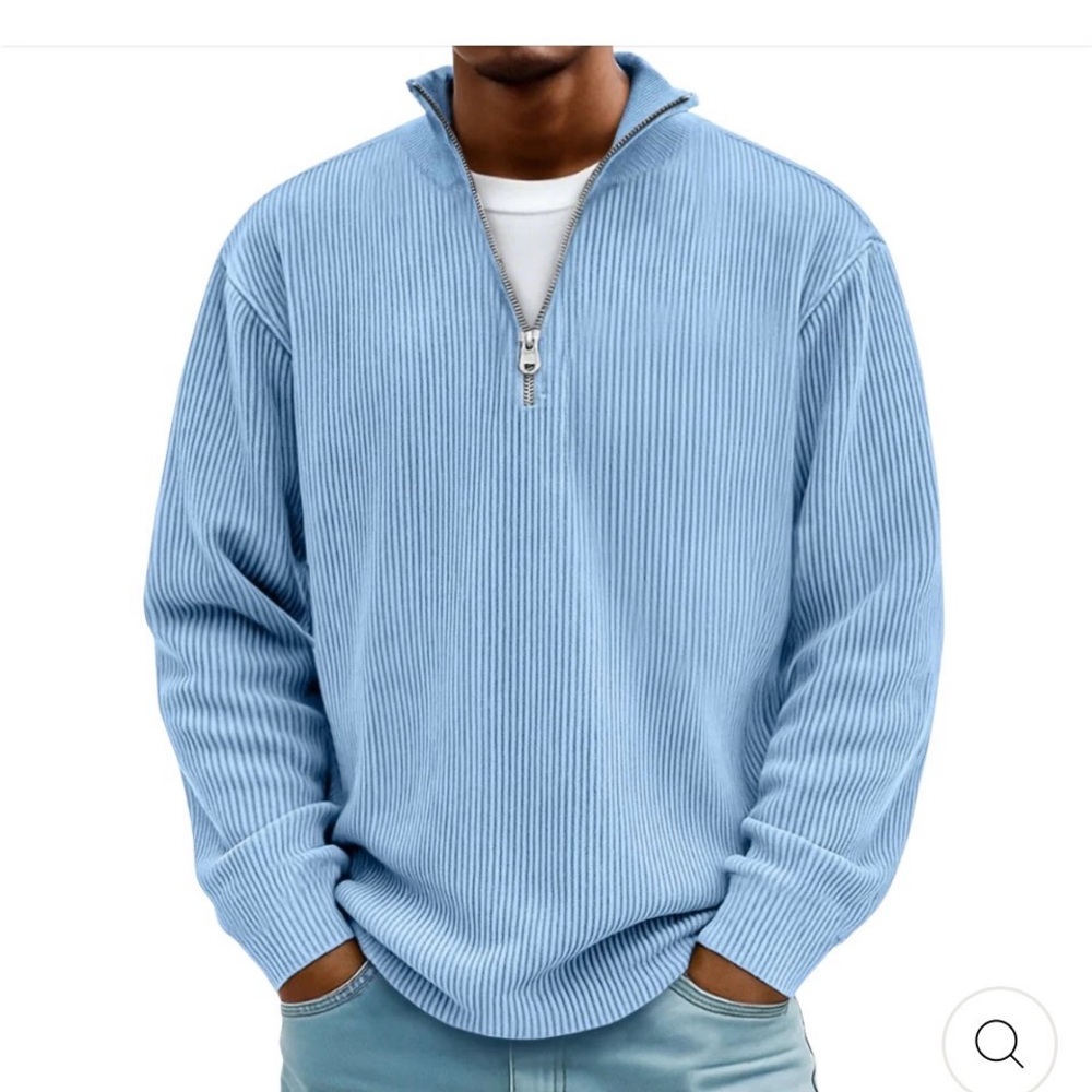 Carlum Men's Sky Blue Ribbed Quarter Zip Sweater 95% Polyester 5% Spandex